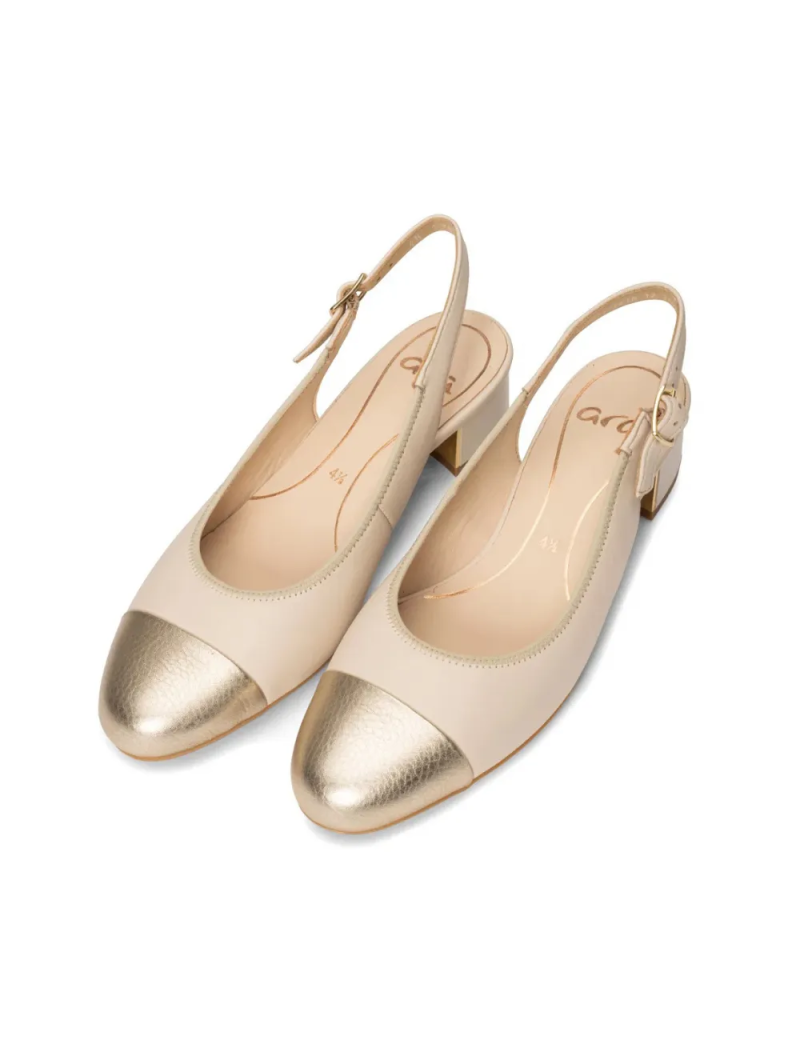 ARA dámské lodičky s volnou patou a zlatou špičkou kožené béžové | 12-35823-11 Nizza